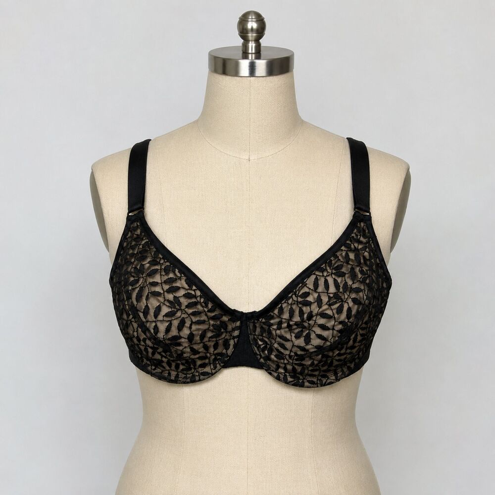 Olga 40DD Black Sheer Lace Underwire Bra Floral Mesh Lingerie